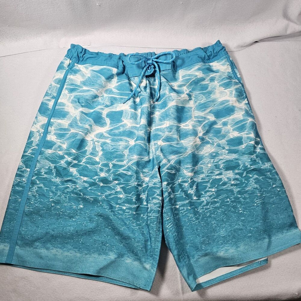 George Mens Swim Trunks Large (32-34) Teal/White Drawstring Pockets